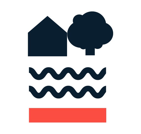 Logo with house, tree, water and red line