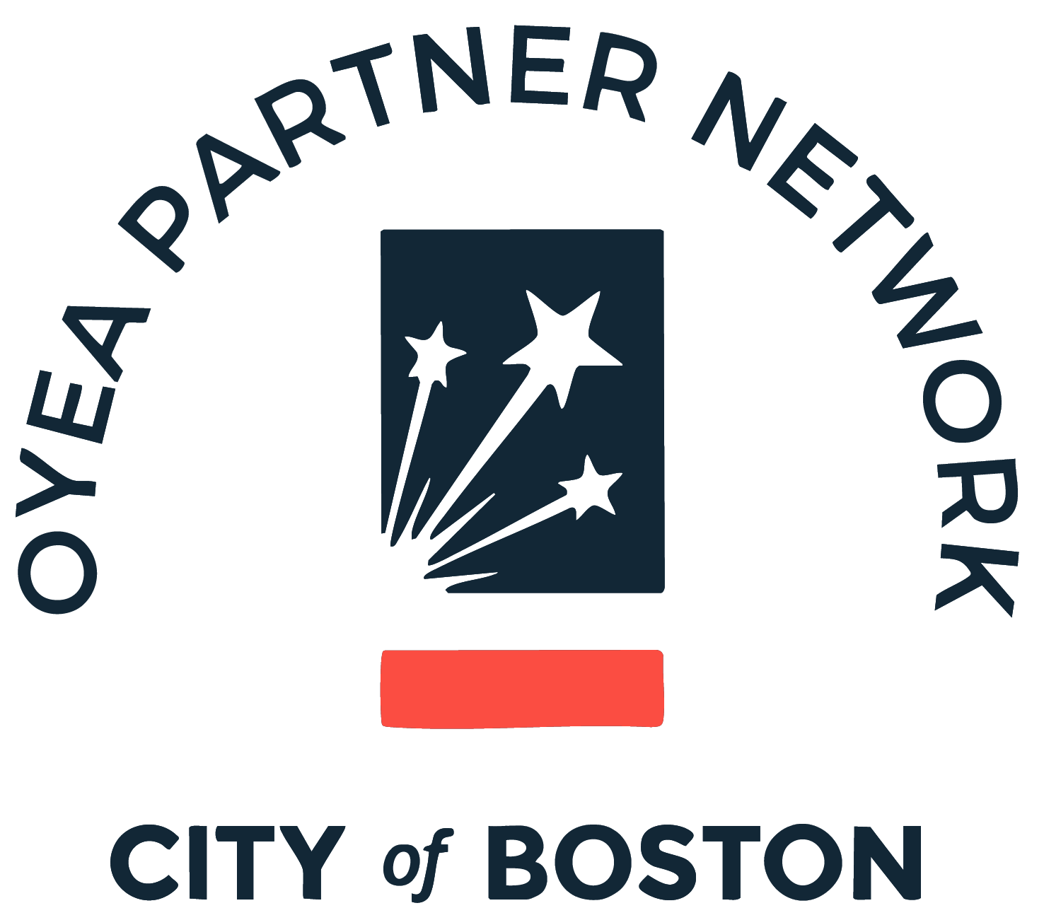 blue text says OYEA Partner Network, City of Boston arced around the OYEA logo