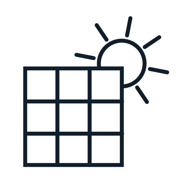 Graphic icon of a sun behind solar panels
