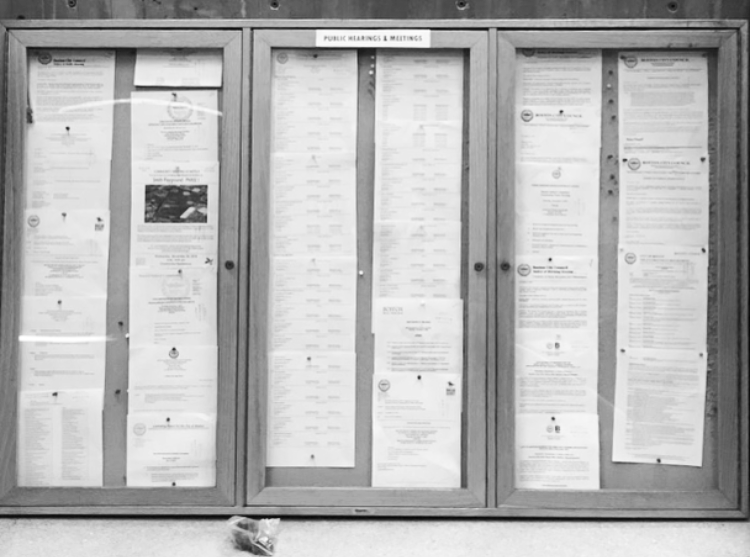 Image for a photo of the public notice corkboard at boston city hall