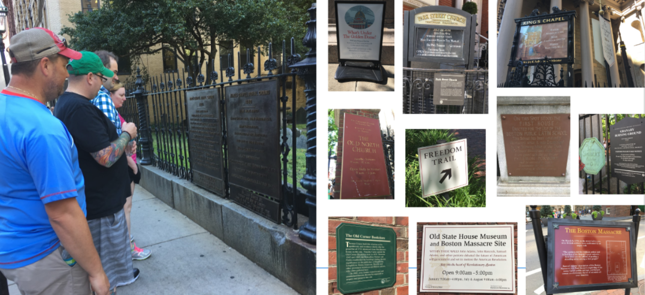 Image for examples of current freedom trail signs, some of which are dark and hard to read