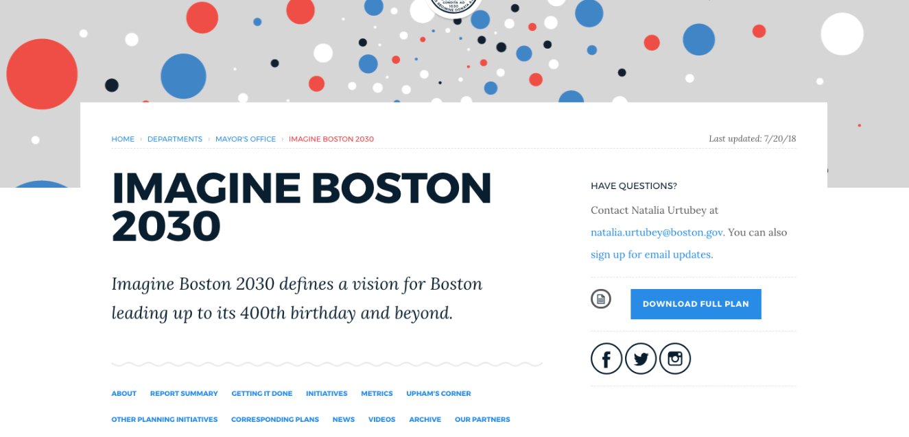 Image for the top of the new imagine boston 2030 website 