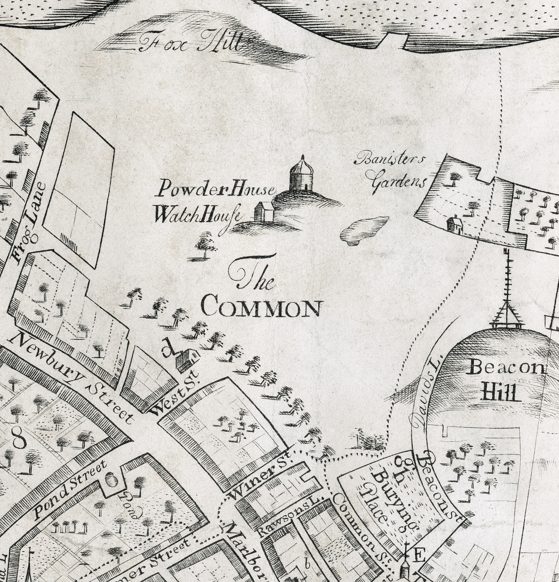 1722 map showing Boston's powder house on Boston Common