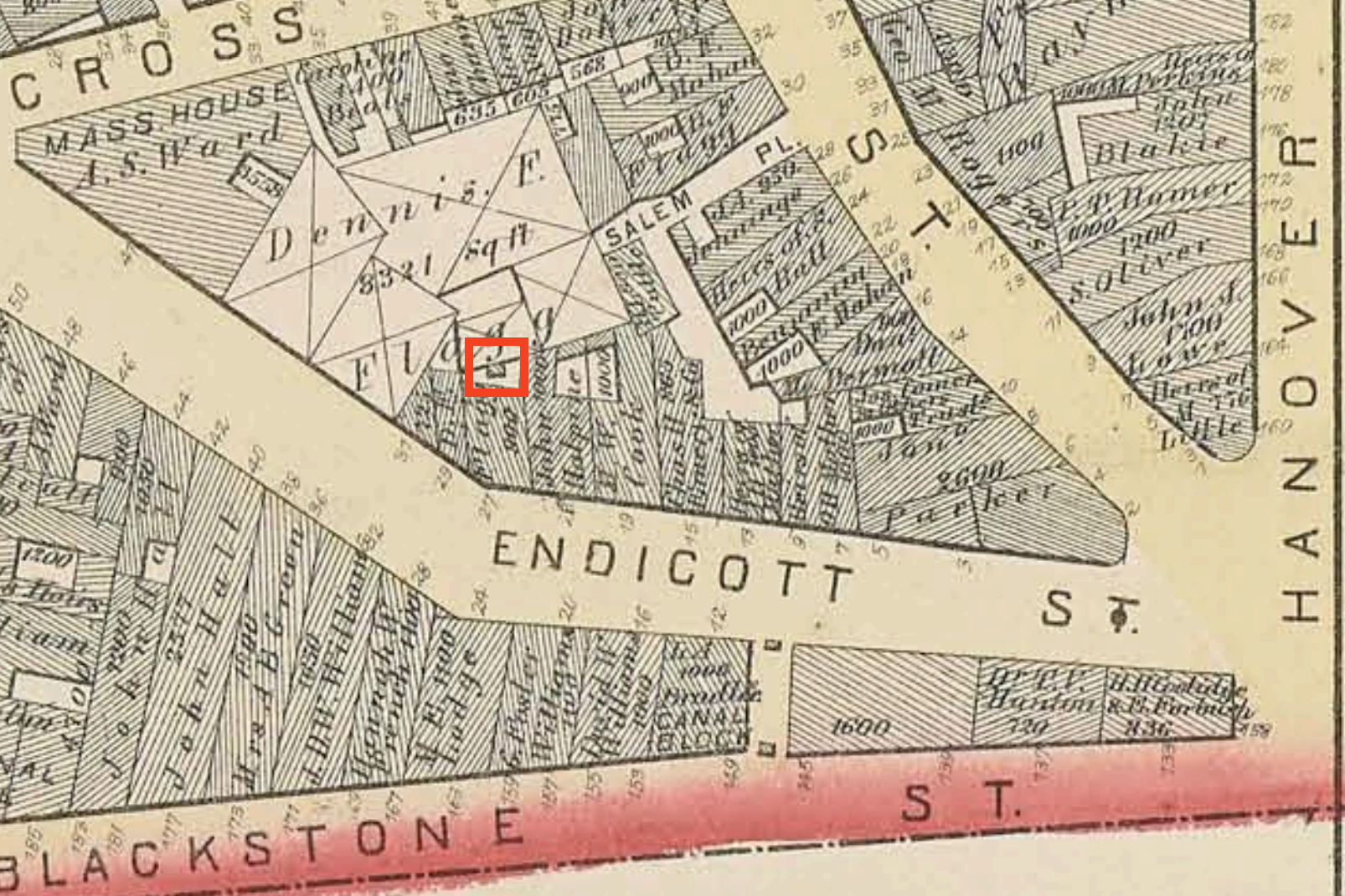 An 1874 map showing the location of the 27-29 Endicott Street brothel in the North End