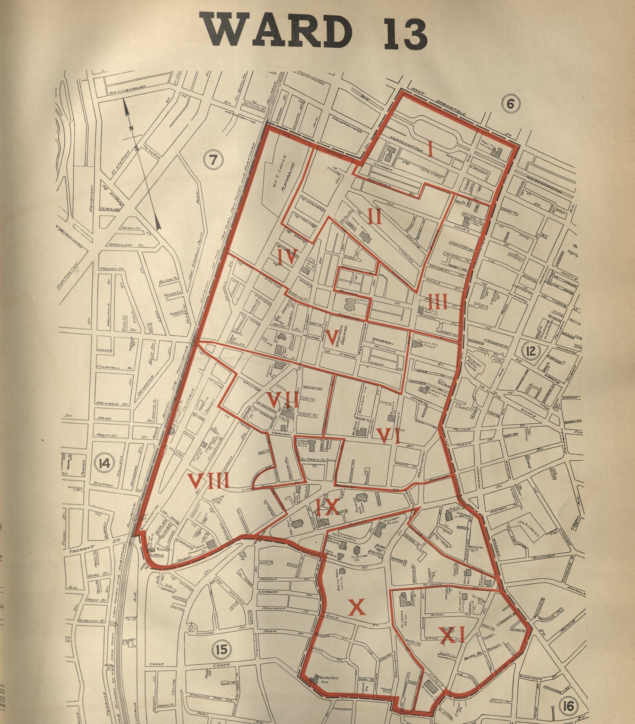 Map showing the boundaries of Boston's Ward 13 in 1920