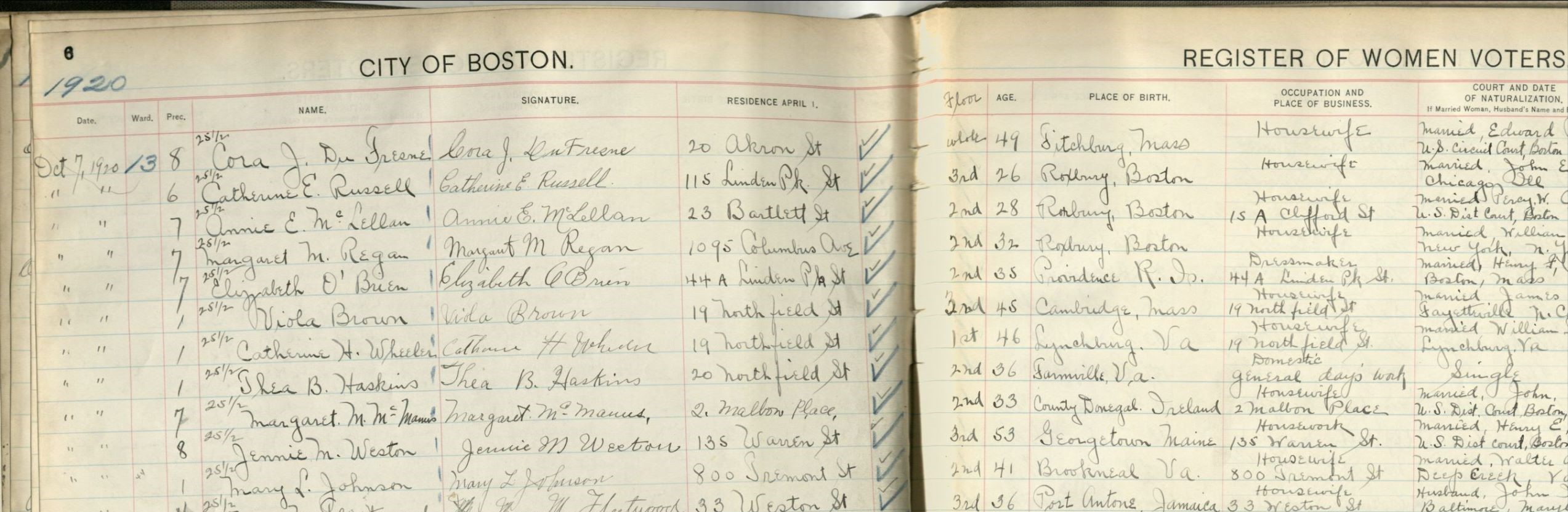 Excerpt from Ward 13 of General Register of Women Voters showing entry for Mary L. Johnson, 1920, Boston City Archives