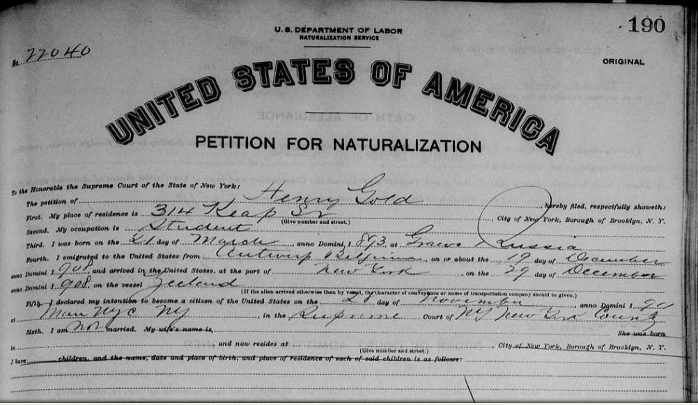 Naturalization Petition for Henry Gold, New York, County Naturalization Records, 1791-1980, FamilySearch