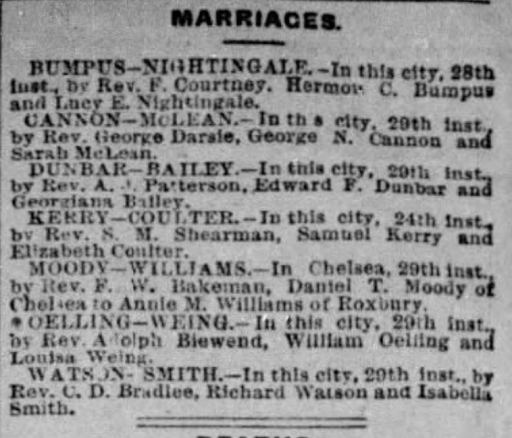 Marriage announcements in a Boston Globe issue from December 31, 1886. George and Sarah Cannon listed second.
