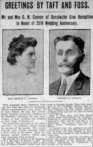 Boston Globe article on the Cannons’ anniversary reception, published December 30, 1911. Portraits of Sarah Cannon and George Cannon included above article. 