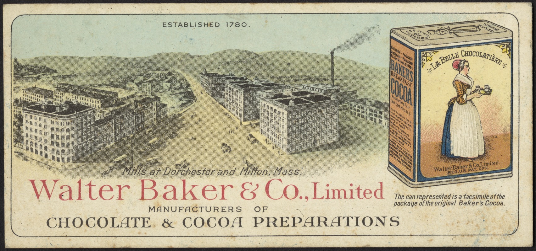 Walter Baker & Co., Limited. Manufacturers of chocolate and cocoa preparations.