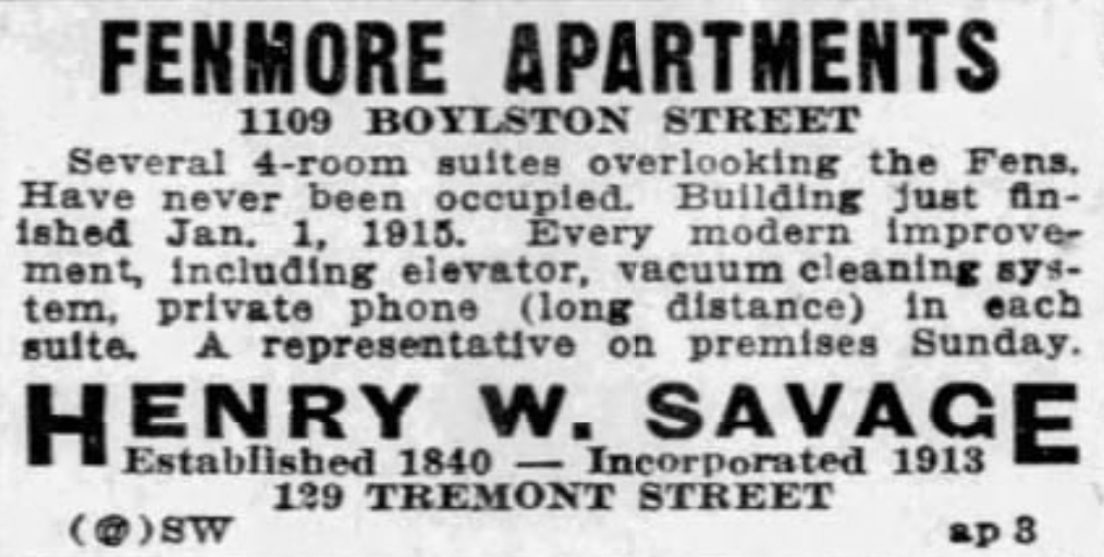 Fenmore Apartments Ad, Boston Evening Transcript, 1915