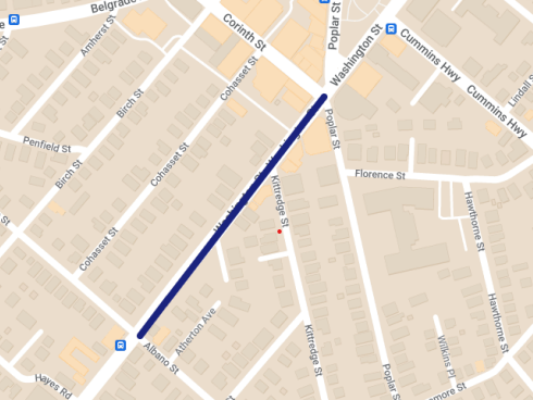 A map of the northbound bus lane extension on Washington Street from Albano Street to Poplar Street