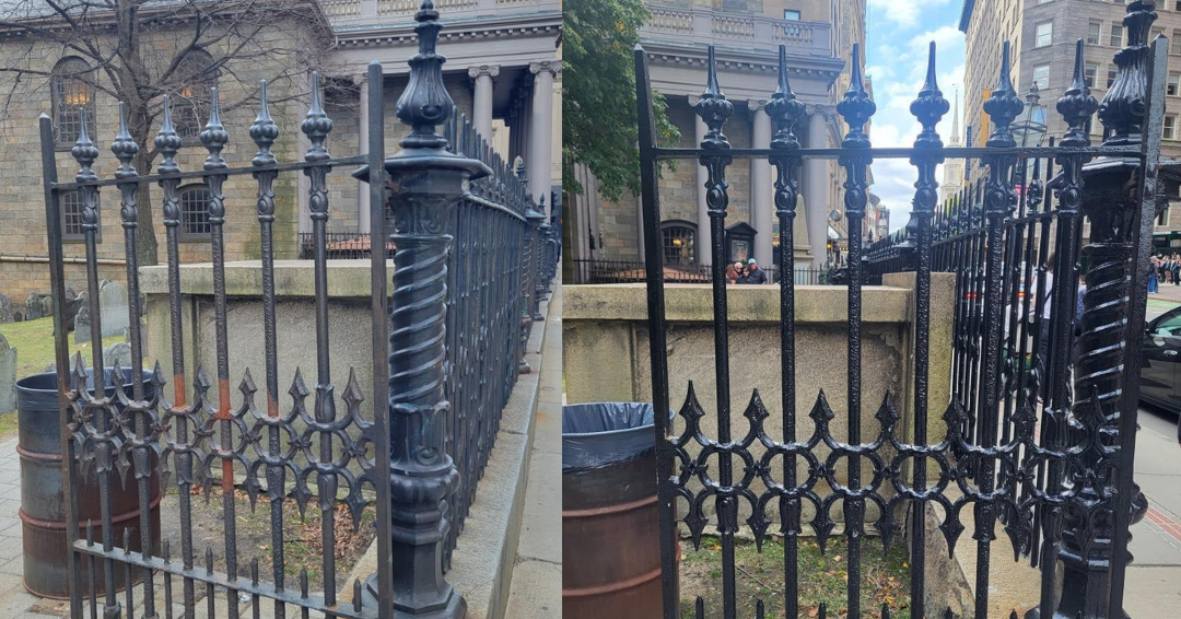 ​​​​​​​  BEFORE: Front gate panel is rusty. AFTER: Rust is removed and gate is repainted.