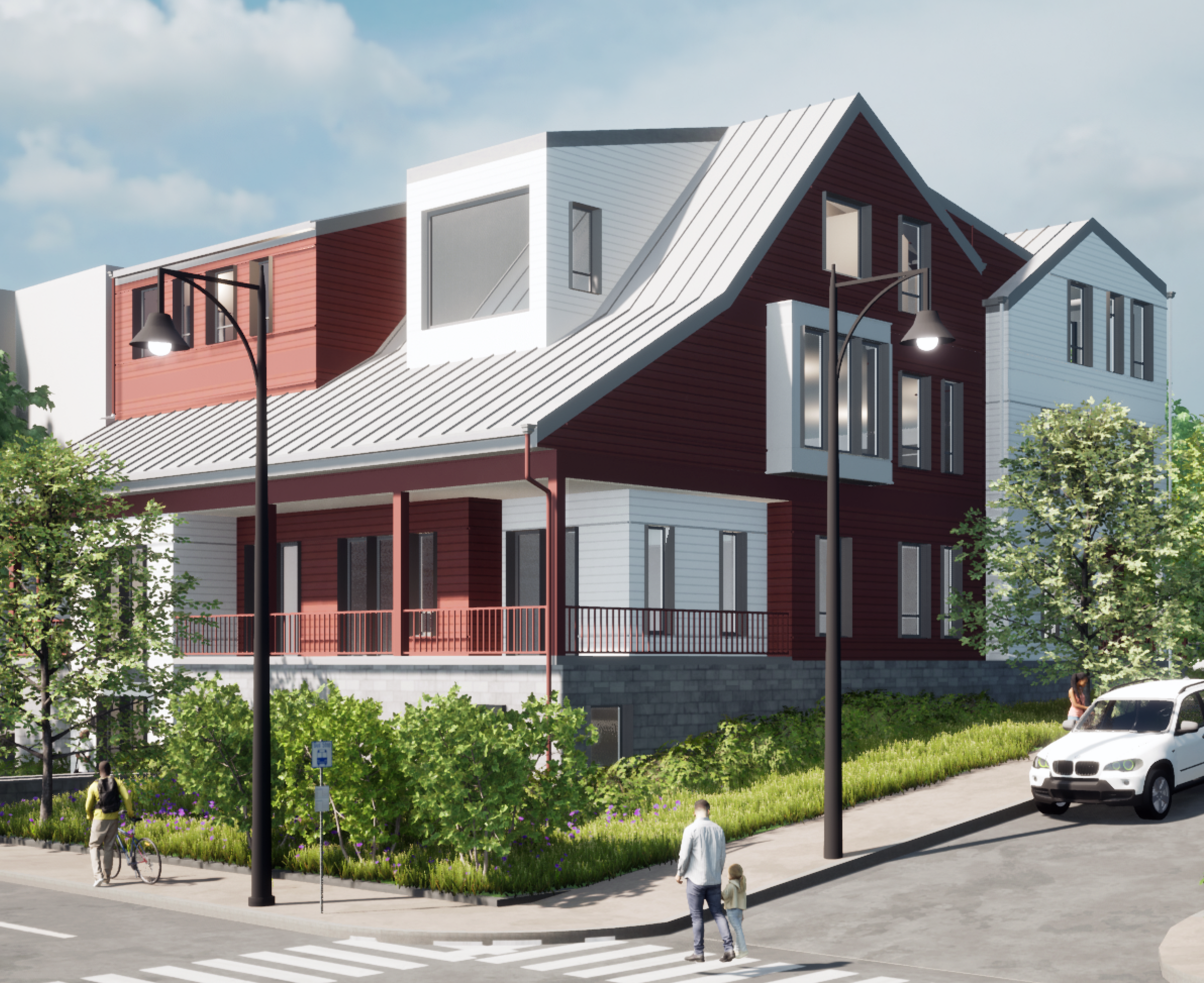 The image is a rendering of the new condominium complex at 405 Washington Street in Dorchester, which has 13 condominiums available for sale via lottery. Three of these condominiums have been built out to be ADA compliant; one 1-bedroom is built for a person with a sensory disability.