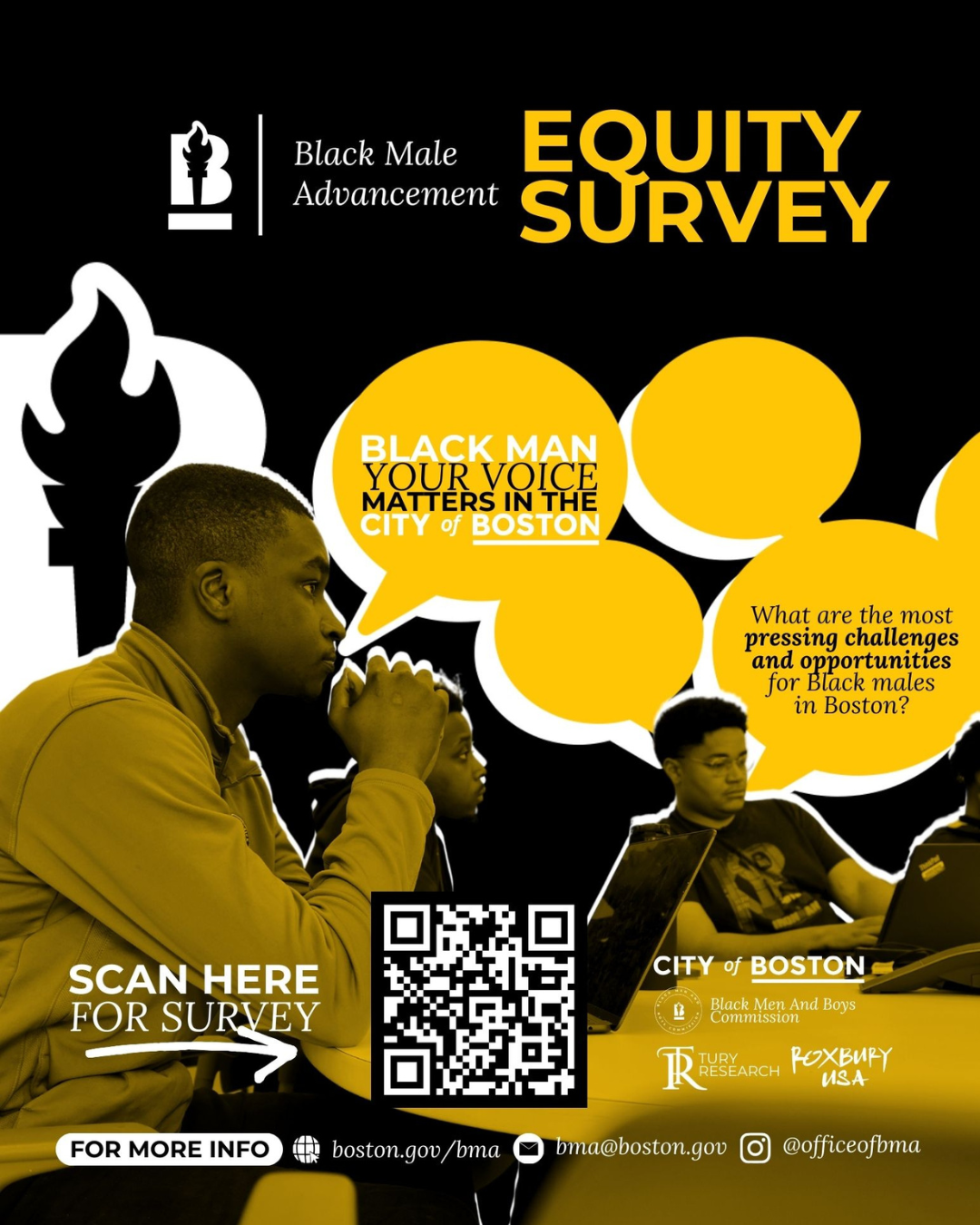 Image of young men listening intently to a speaker not shown for the Equity Survey