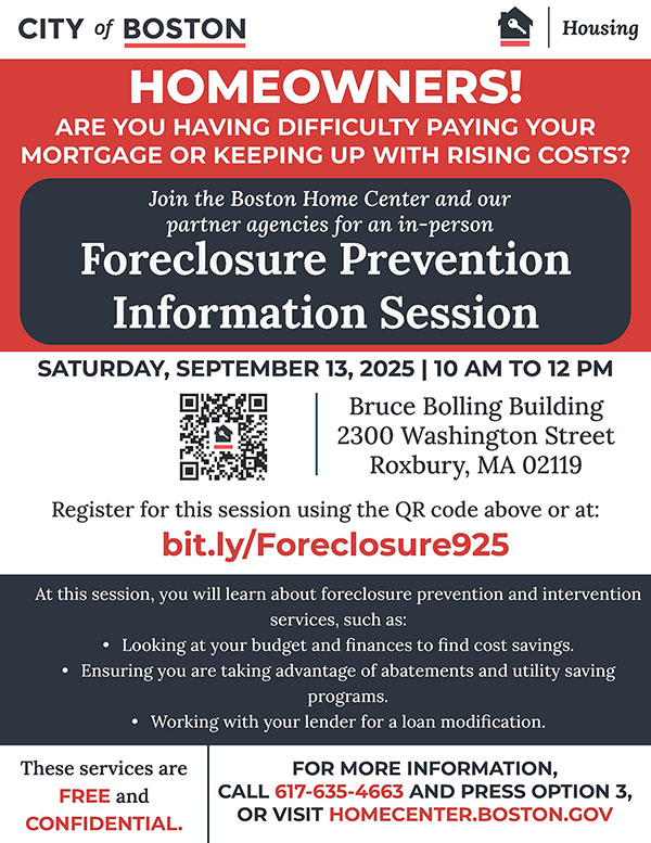 This is a flyer for a Foreclosure Prevention Information Session happening on September 13, 2025. For more information, visit bit.ly/Foreclosure925