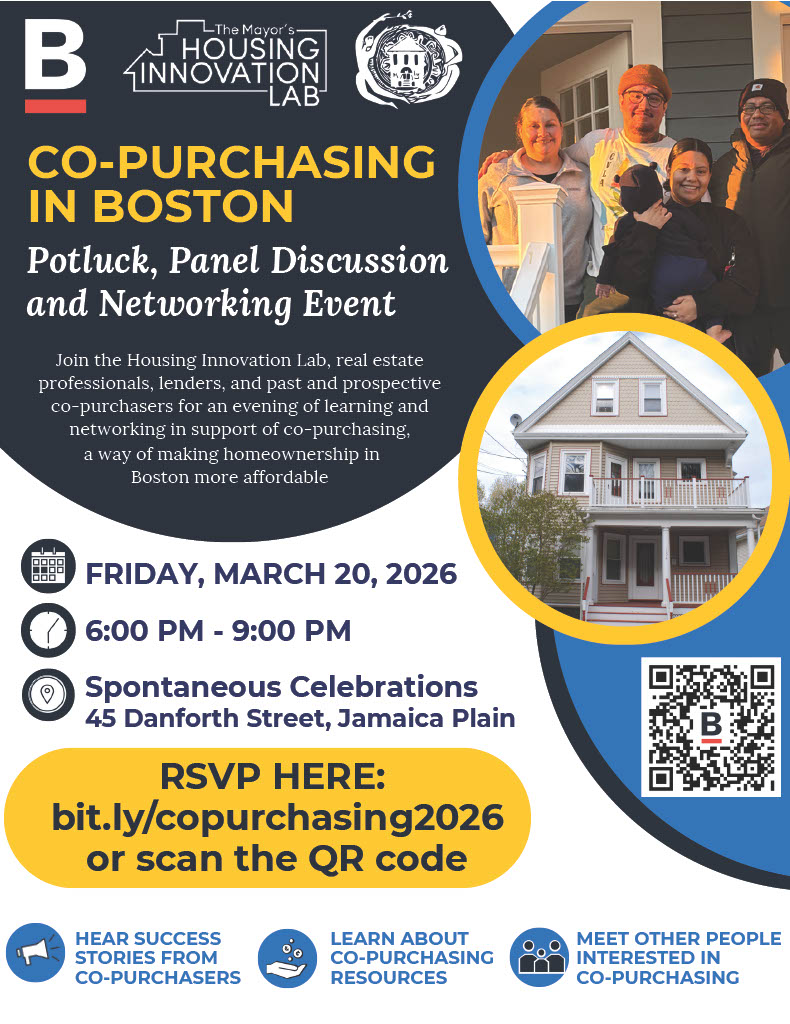 A flyer featuring photos of homes and happy first time homebuyers. Promoting a co-purchasing event on March 20, 2026 at 6 PM