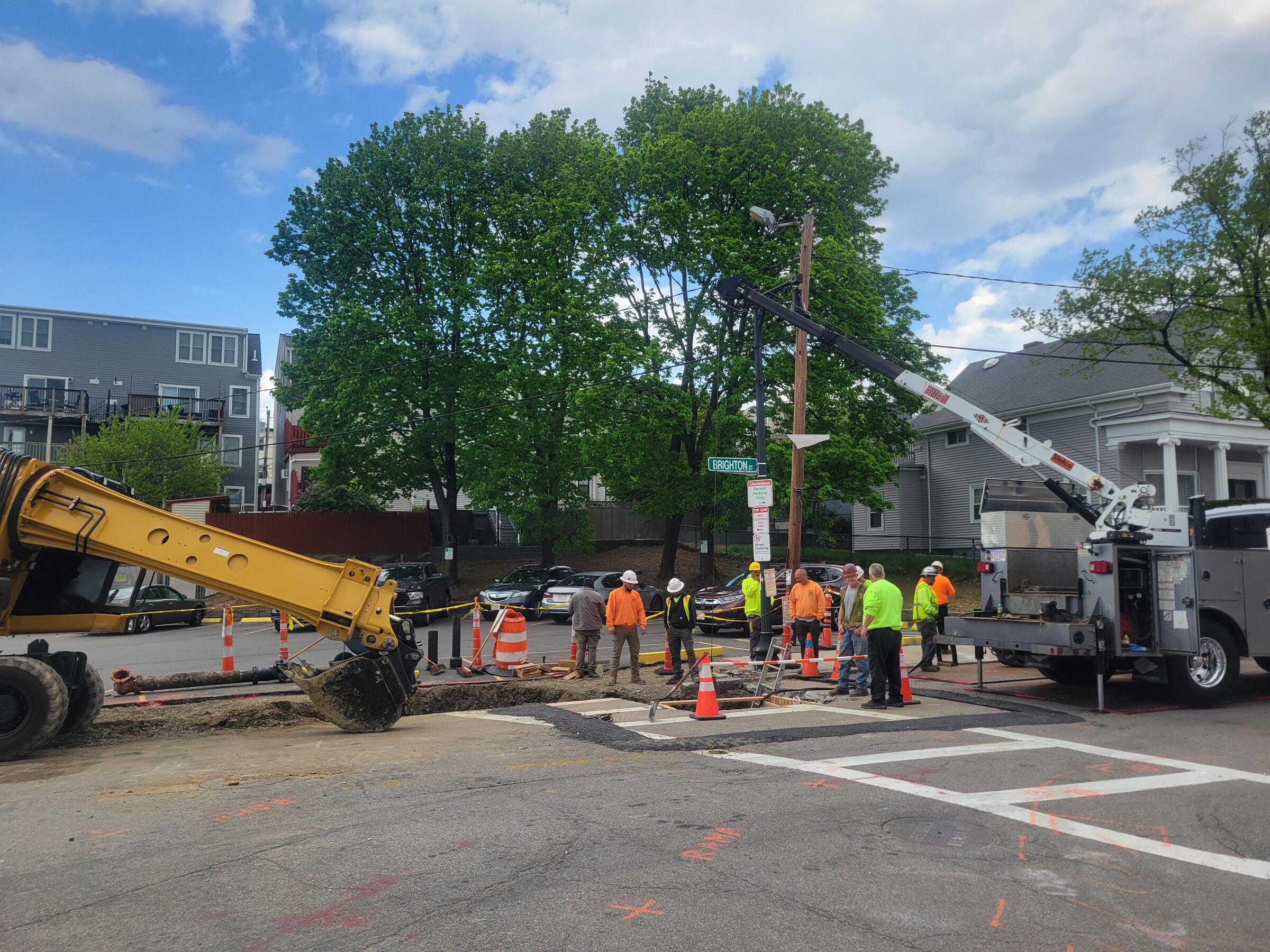 Brighton Street at Cambridge Street drainage relocation work in progress on May 5, 2026