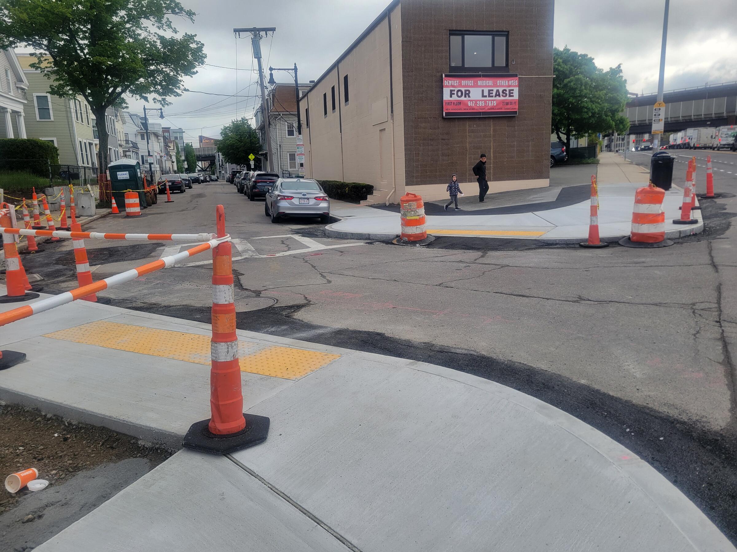 New curb extensions at Brighton Street at Cambridge Street on May 15, 2026