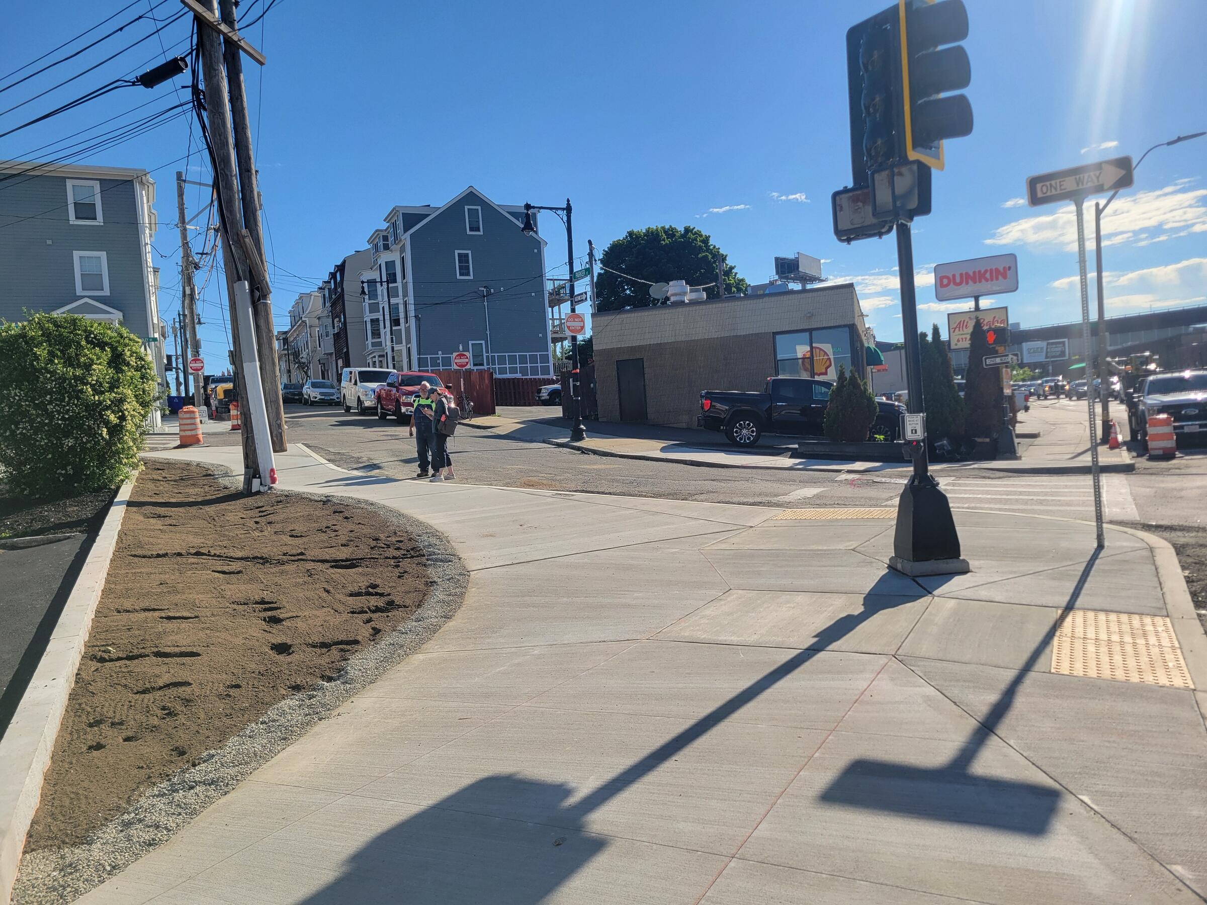 Curb extension and green infrastructure bioswale at Parker Street and Hadley Street