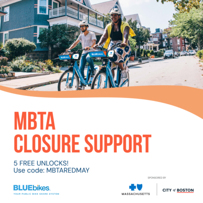 Photo of people on Bluebikes. Text says MBTA Closure Support and includes the code MBTAREDMAY