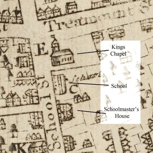 Detail of a 1723 John Bonner map showing the location of the Free School (Boston Latin School) and the neighboring schoolmaster's house on School Street.