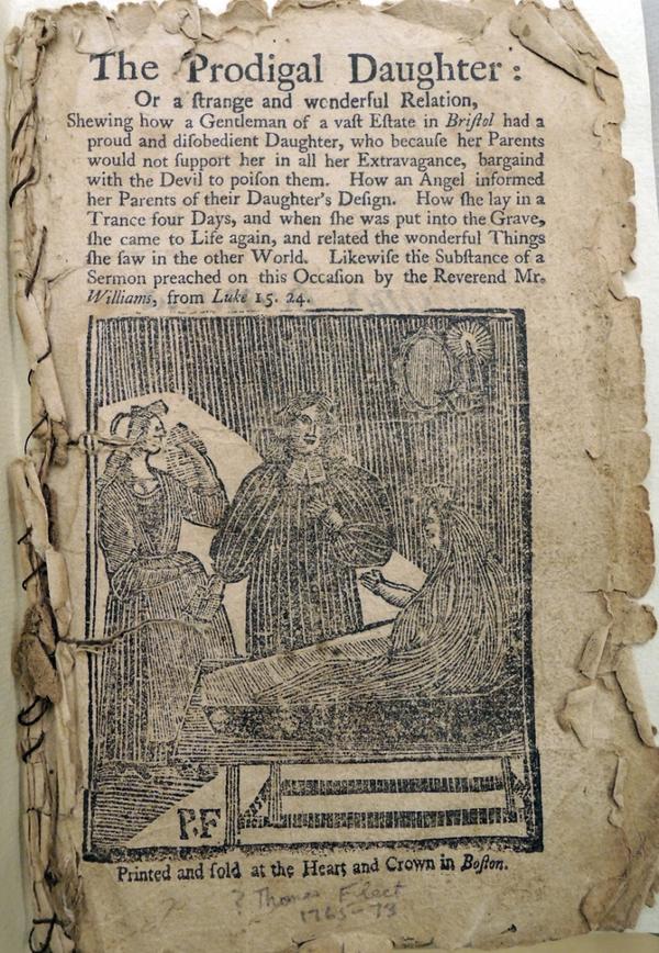 Image of an 18th-century woodcut print for The Prodigal Daughter by Peter Fleet showing his initials in the bottom right.corner