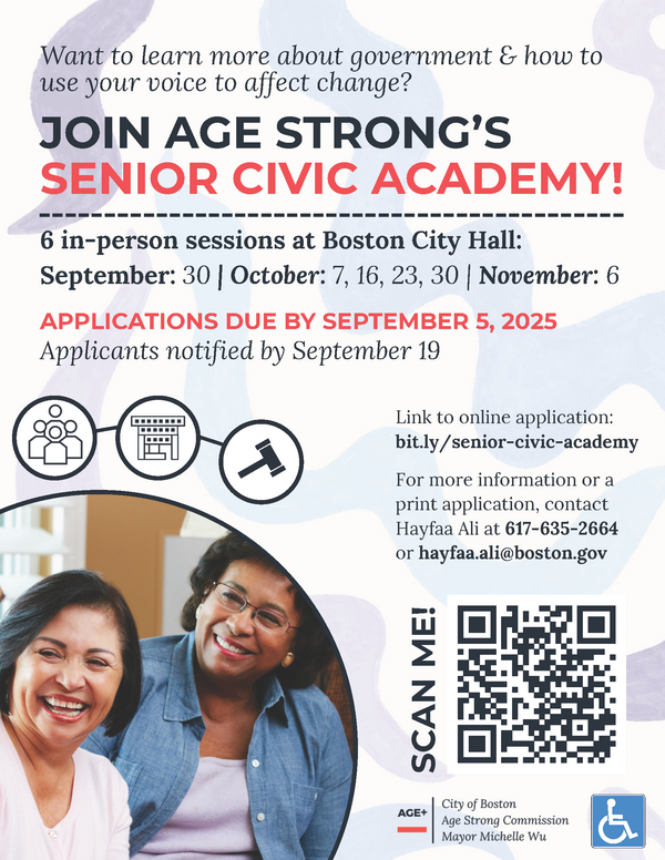 A flyer detailing the Age Strong Commission's Senior Civic Academy, with two older adult women smiling in coversation