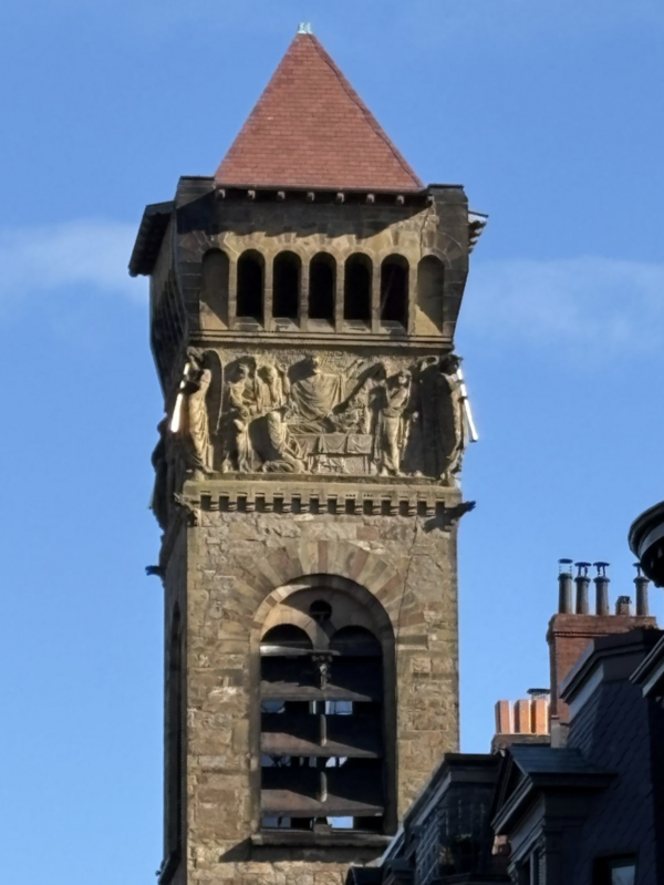 Exterior photograph of the First Baptist Church, church towers