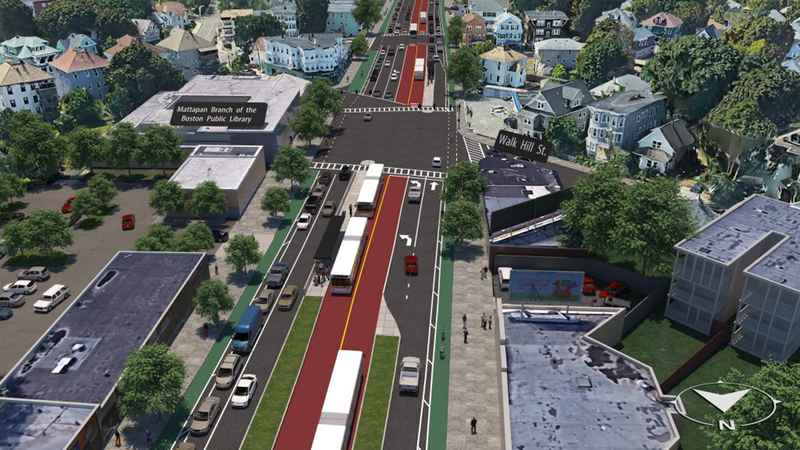 A rendering of the long-term vision showing Blue Hill Ave with protected bike lanes, center running bus lanes, and enhanced pedestrian safety