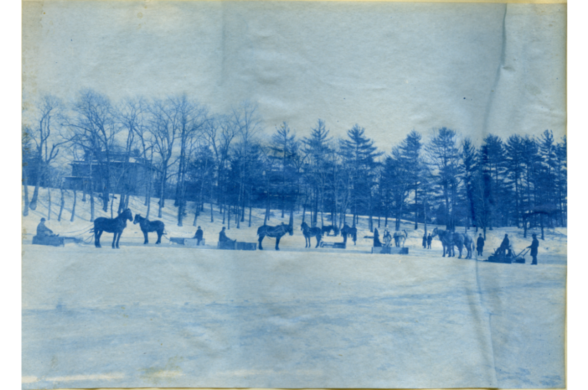 Ice harvesting on Jamaica Pond, circa 1898