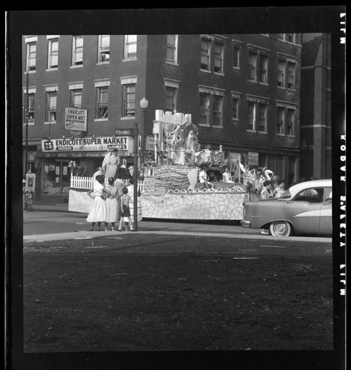 Saint Float in North End Parade, circa 1954-1956, Boston Public Library