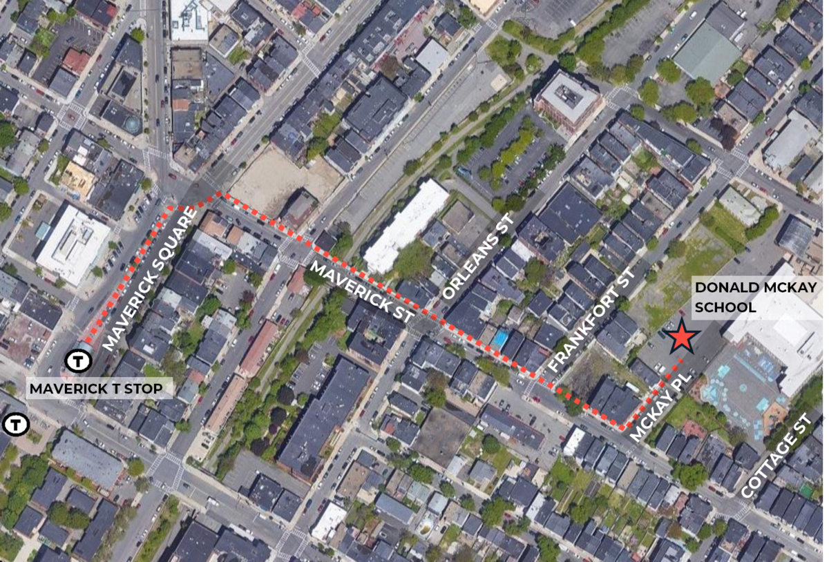 map depicting walking route from Maverick T Stop to McKay School parking lot