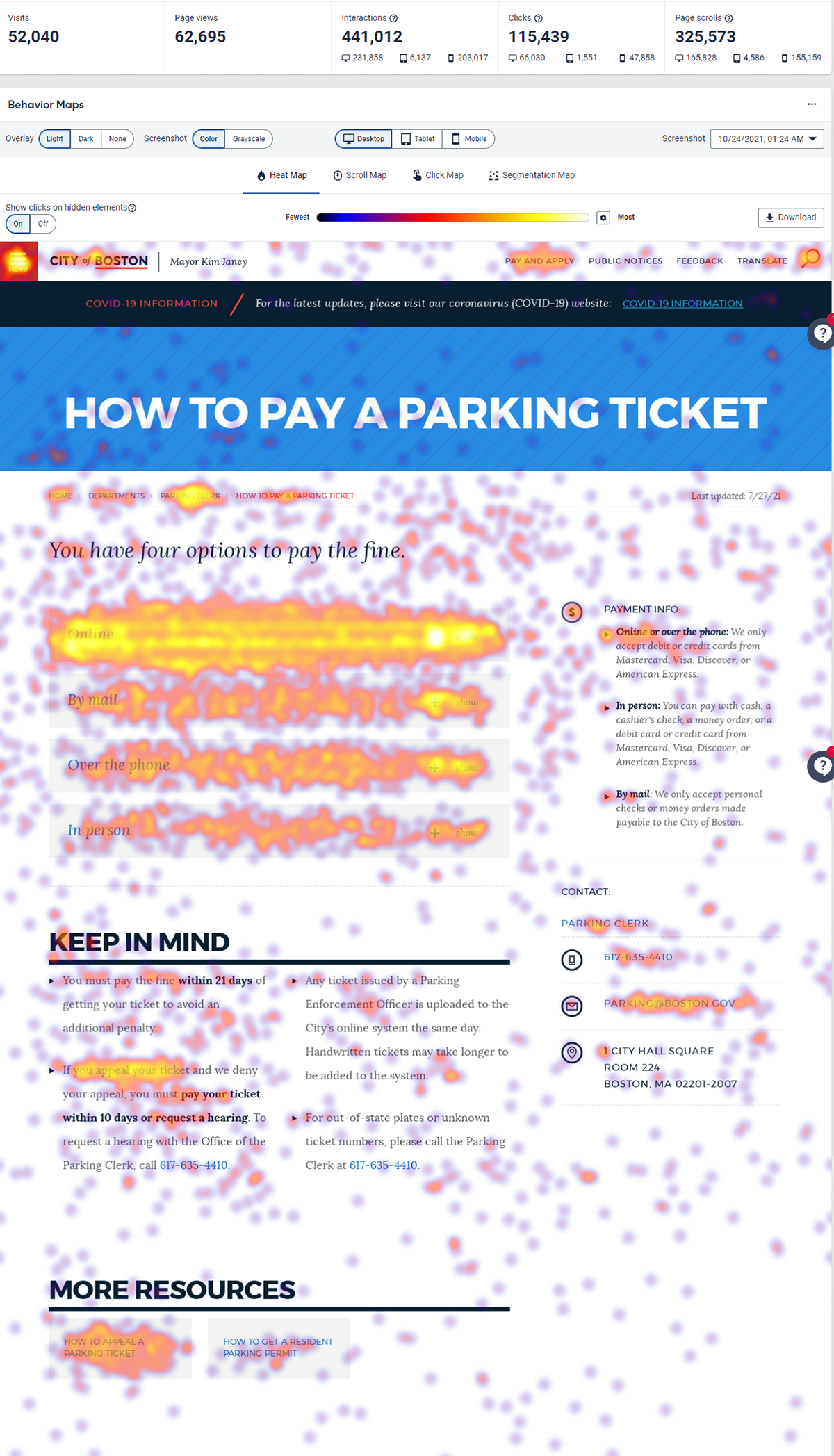 The heat map for our "pay a parking ticket" page.