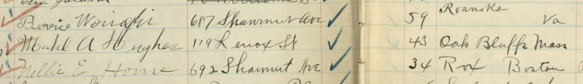 Entry from Women's Voter Register showing Oak Bluffs, Massachusetts