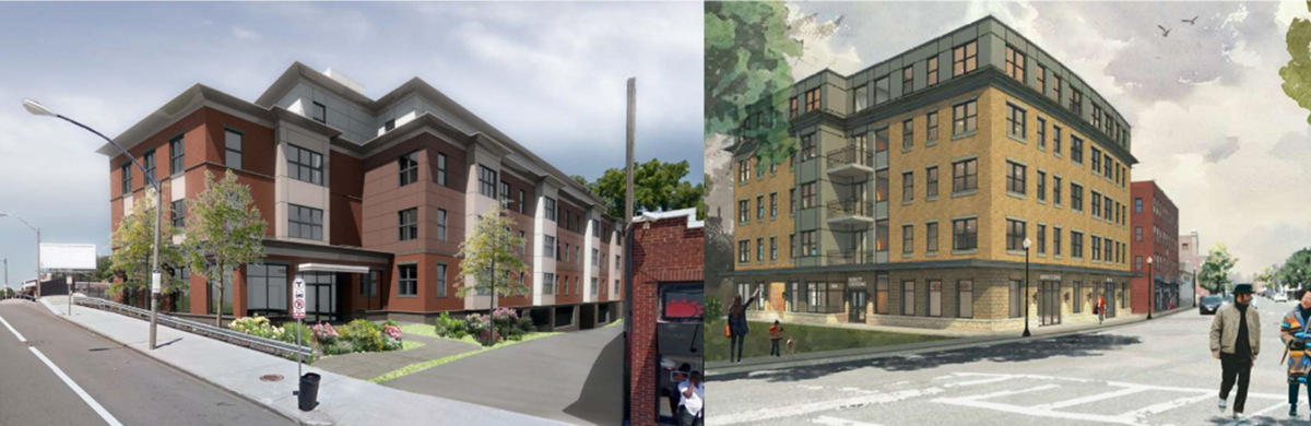 Renderings of the Morton Station Village and Dudley Crossing projects.