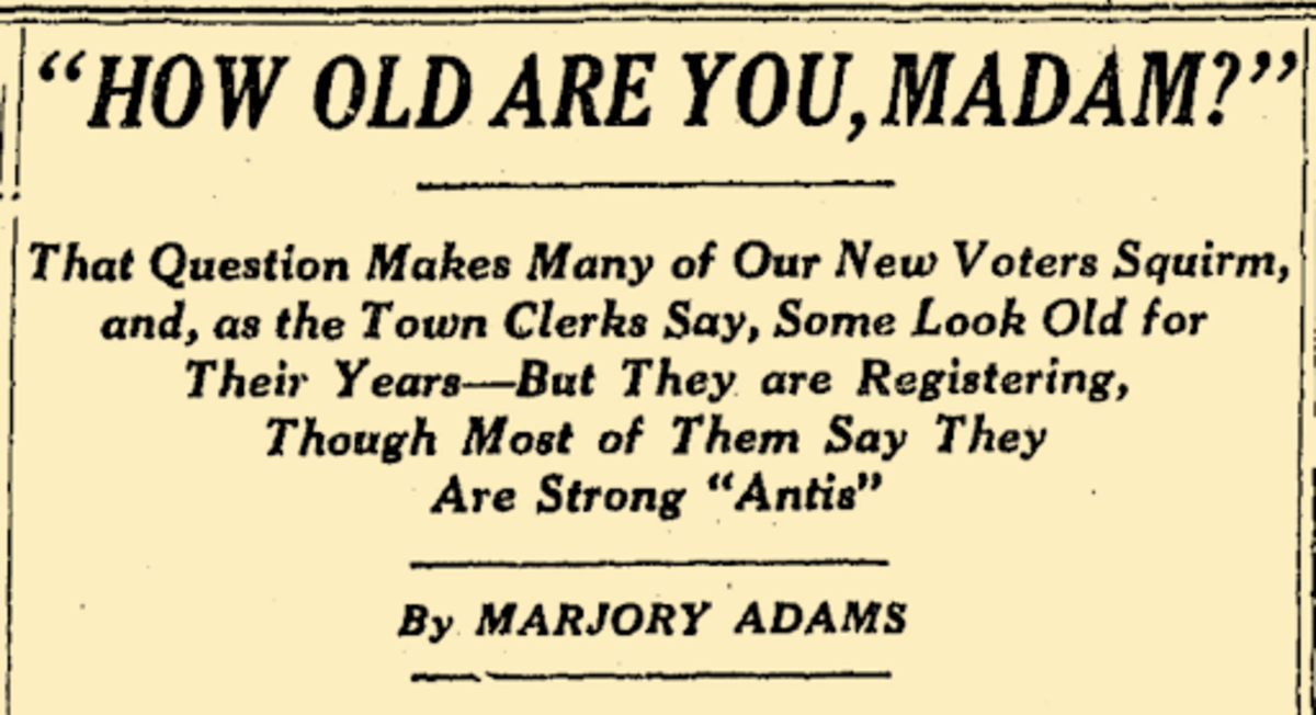 "How Old Are You Madam" headline from the Boston Globe, 1920, Newspaper Archive
