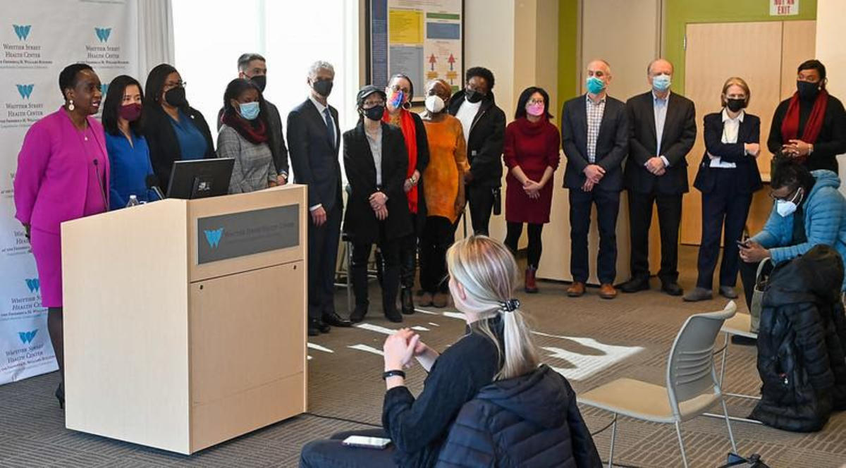 The Mayor poses for a photo during the rent stabilization press conference.