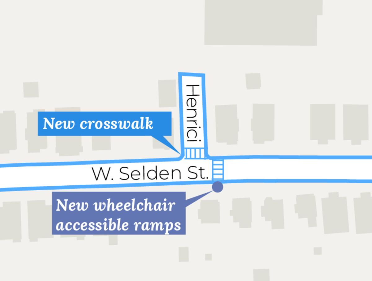 New crosswalk and new wheelchair accessible ramp at Henrici Street and West Selden Street intersection