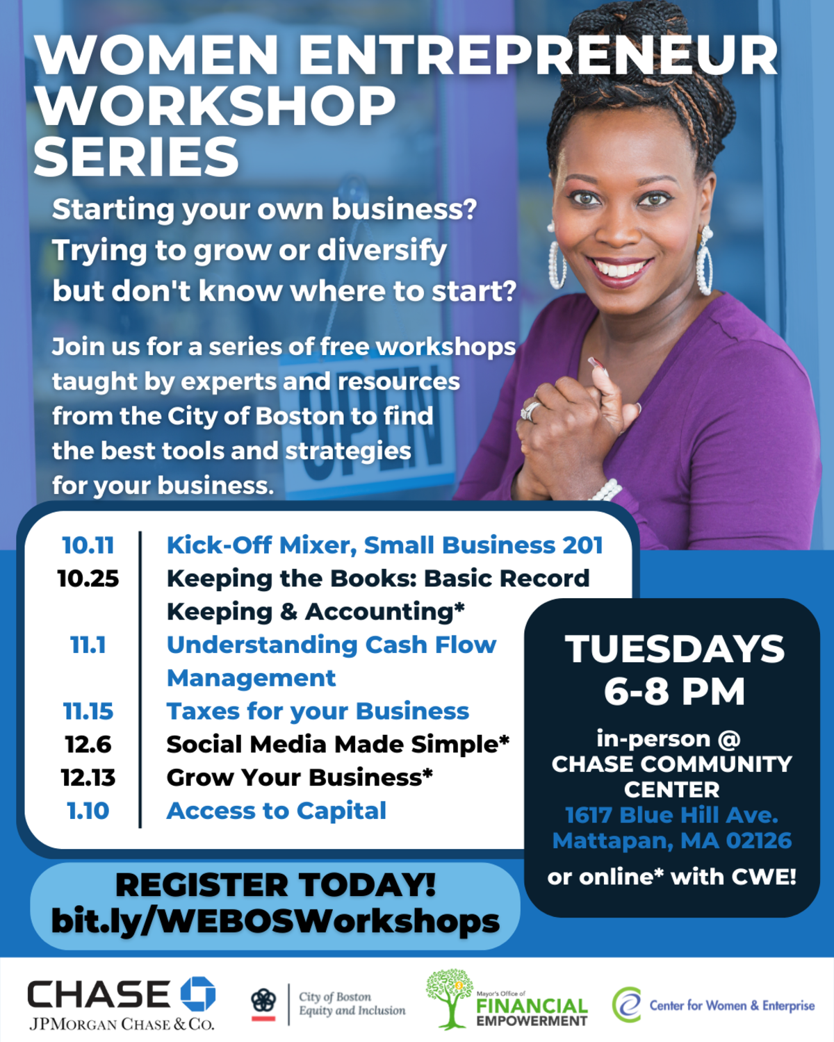 Graphic with text: Women Entrepreneur Workshop Series