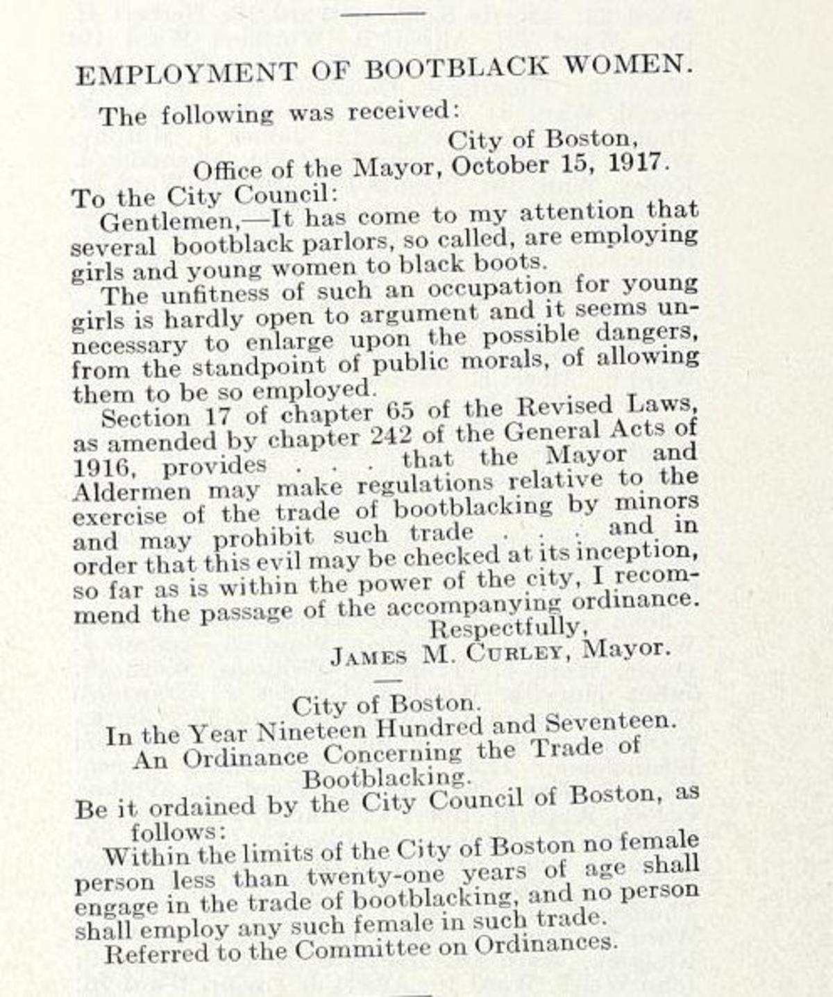 Ordinance regarding employment of BootBlack Women, October 15, 1917