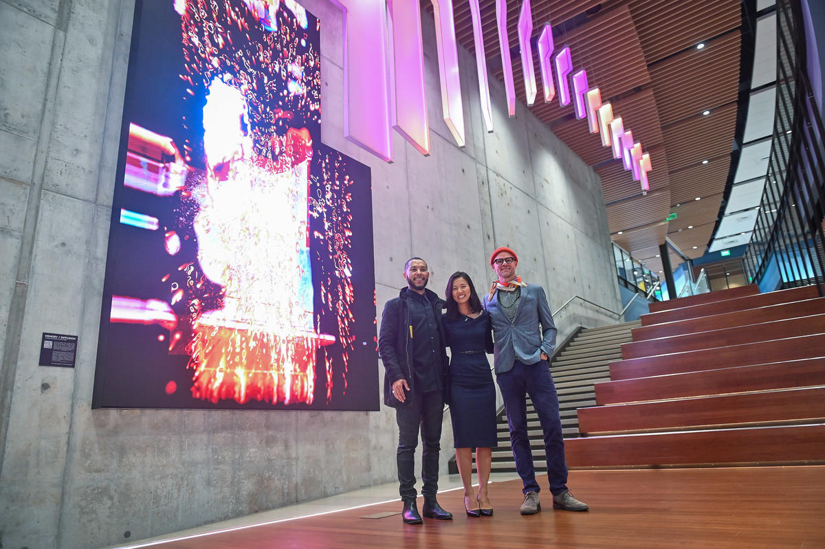 Photo of Mayor Wu with MASARY team in front of "Memory/Diffusion"