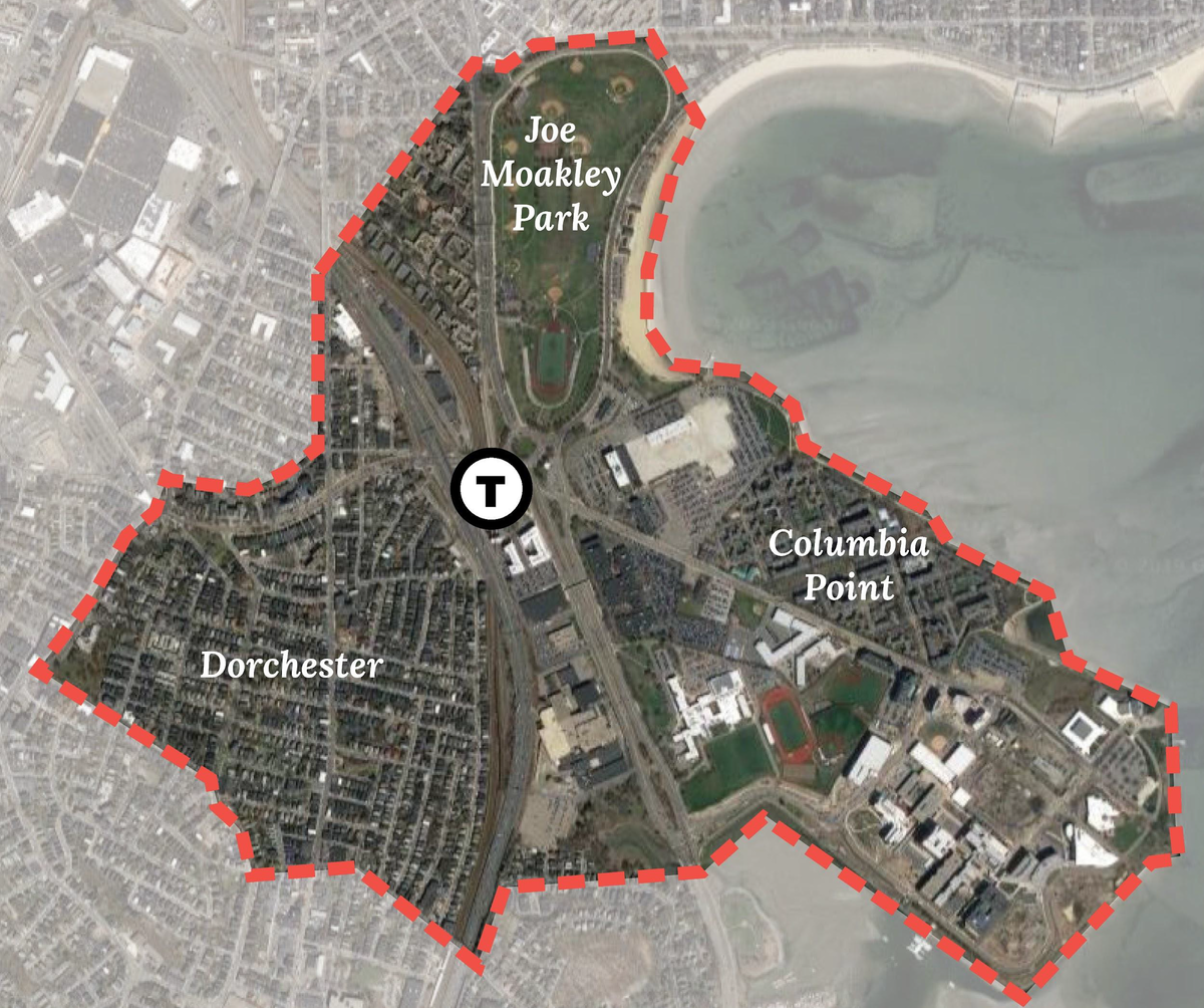 Map showing extent of JFK/UMass project area, including Moakley Park, Columbia Point, and Dorchester Avenue between Columbia Road and Savin Hill Avenue.
