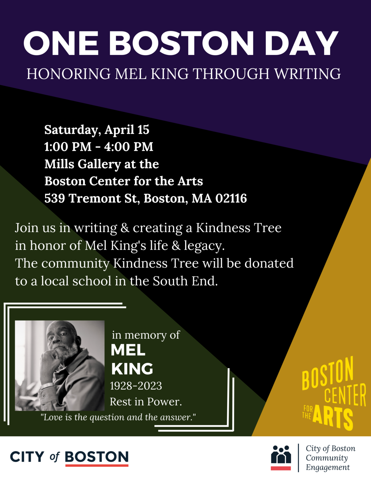 Mel King One Boston Day event flyer. Information on boston.gov/one-boston