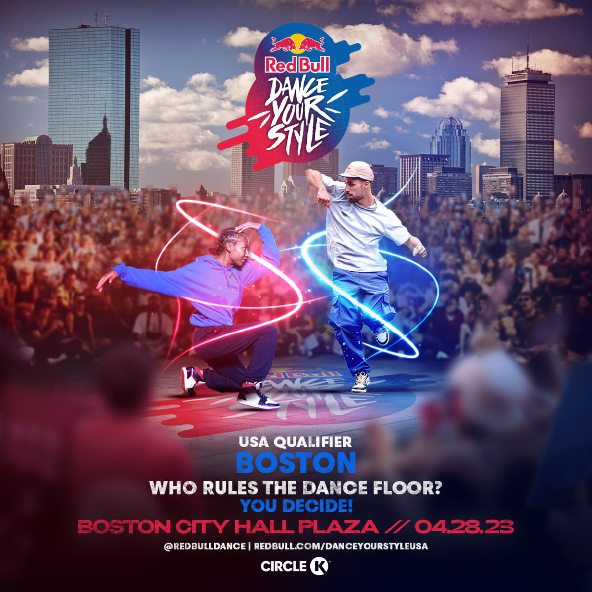 Graphic with text: Red Bull Dance Your Style - USA Qualifier Boston - Boston City Hall Plaza // 04.28.23