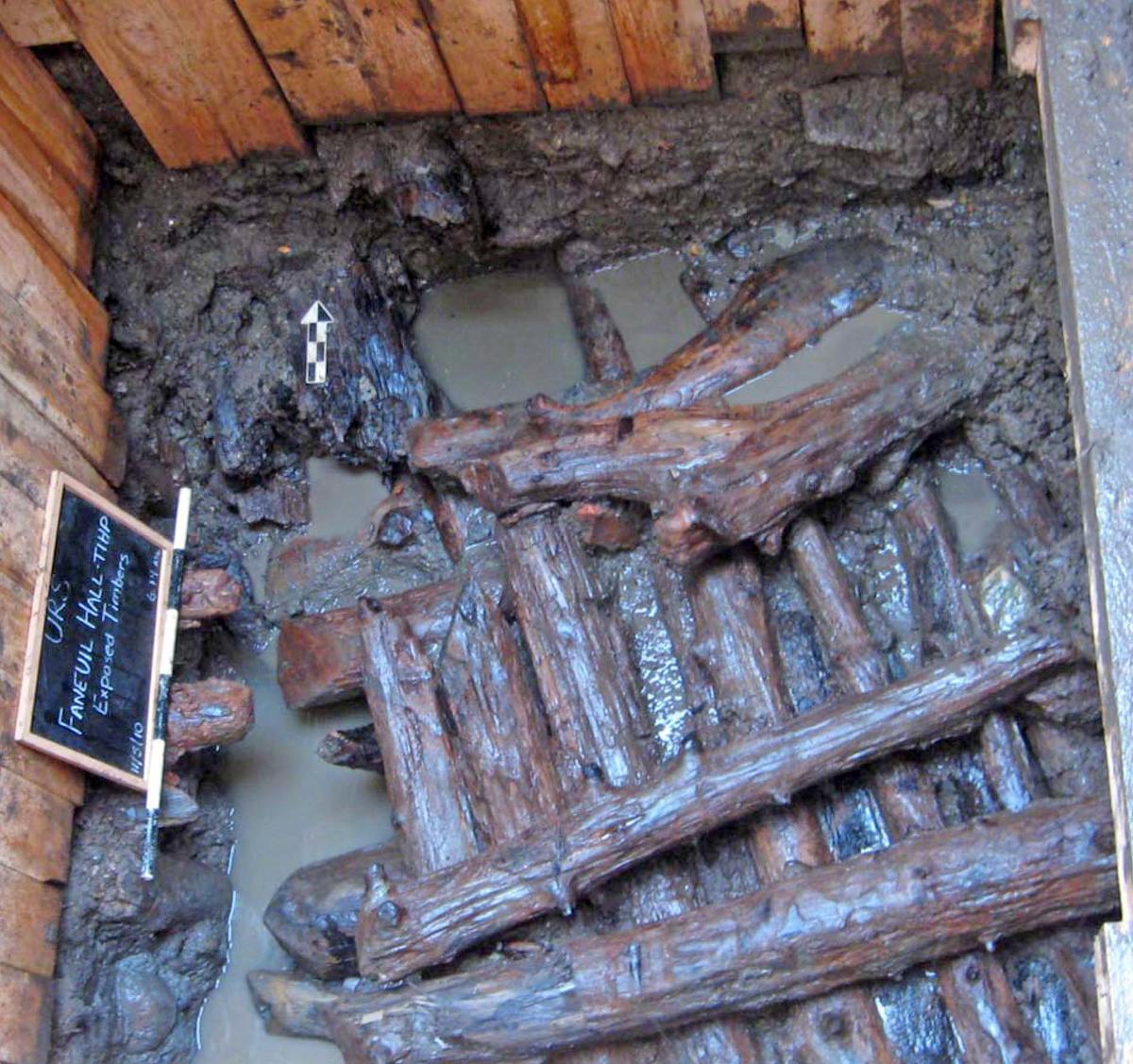 A photograph of cribbing timbers uncovered during the 2010 excavations outside Faneuil Hall.