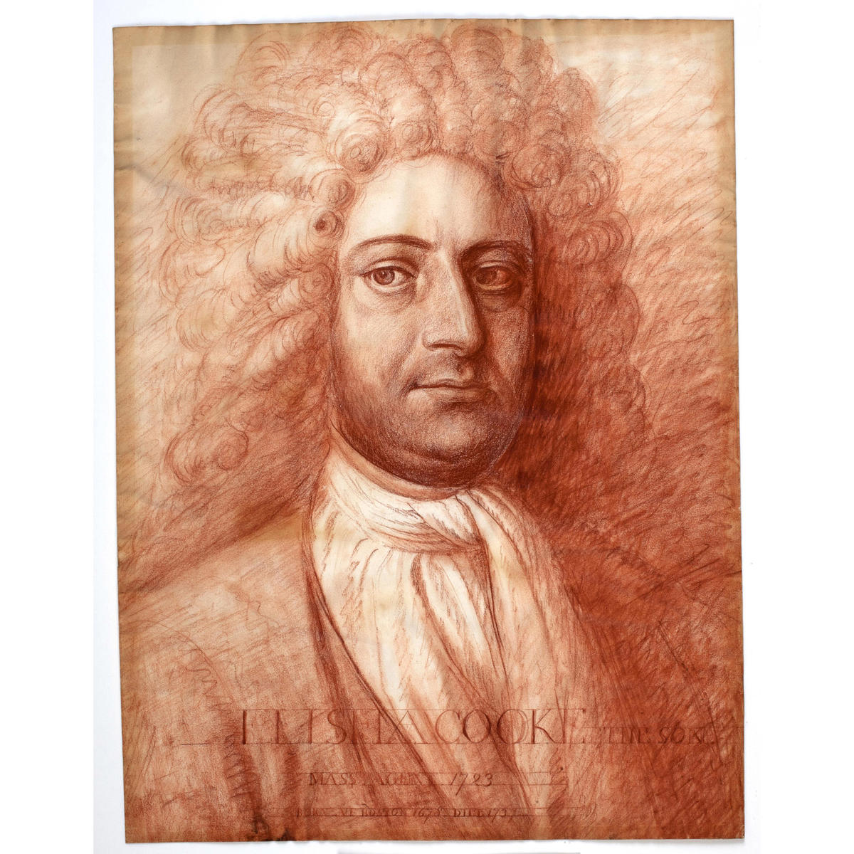 A sketch of a man from the chest up. He is wearing a long curly wig, a frock coat, and a scarf around his throat tied at the front. Text at the bottom reads "Elisha Cooke" with a birthdate of 1678 and a death date of 1737.