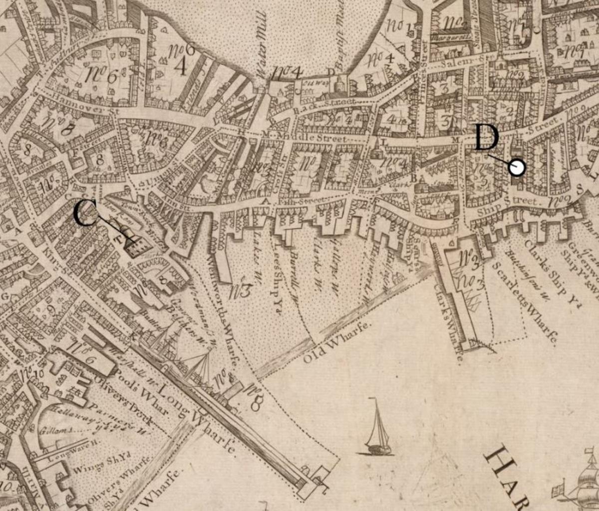 Detail from the 1723 Bonner map showing the locations of Faneuil Hall and the boarding house owned by Chloe and Caesar Spear.