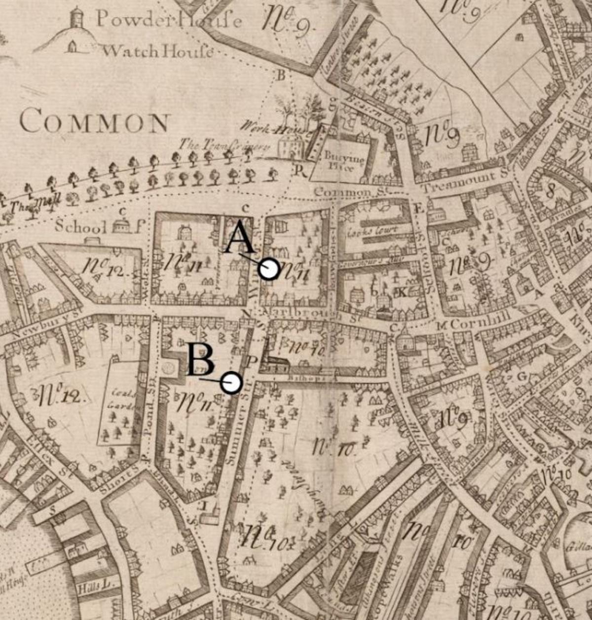 A view of the 1722 Bonner map of Boston showing the locations of Jane's and Sebastian's homes, one on Winter Street and one on Summer Street.