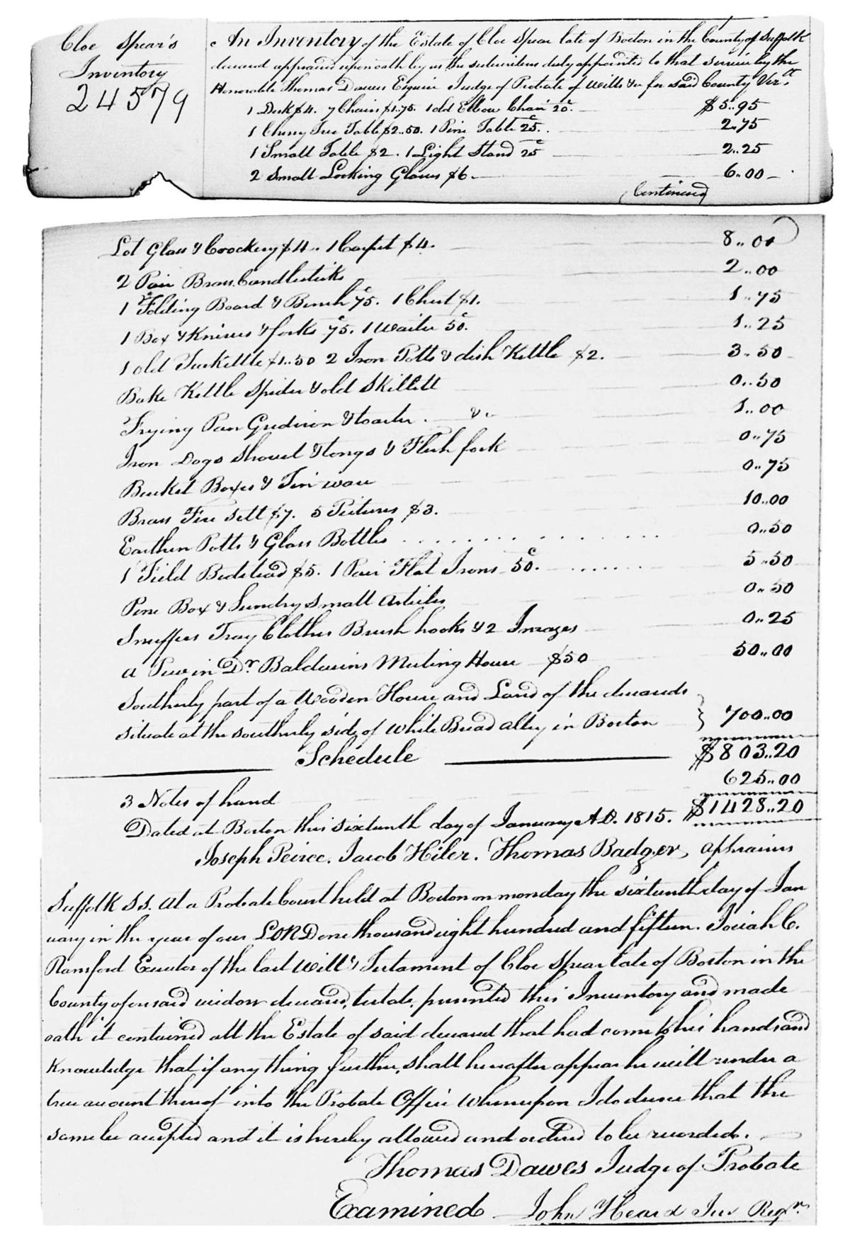 Handwritten copy of Chloe Spear's probate inventory listing her house and land in White Bread Alley at 700 pounds.